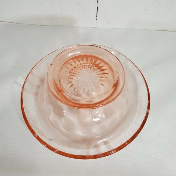Vintage Pink Depression Glass Etched Rolled Rim Bowl stripes floral garland 7.5" - Picture 3 of 8